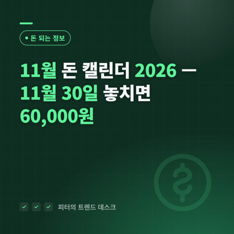 2026년 11월 돈 캘린더 — 11월 30일 놓치면 60,000원, 마감일 5개·달라지는 것 날짜순 총정리